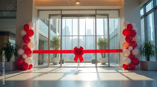 A modern building's grand opening is celebrated with red and white balloons framing the glass entrance. A red ribbon stretches across the doorway, ready to be cut