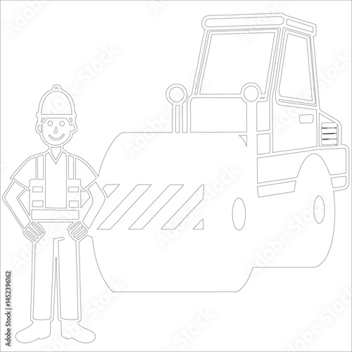 Female Asphalt Paver Operator Engineer in Hard Hat at Industrial Highway Construction Site Roadwork, Safety, Machinery, and Team Collaboration Line Art