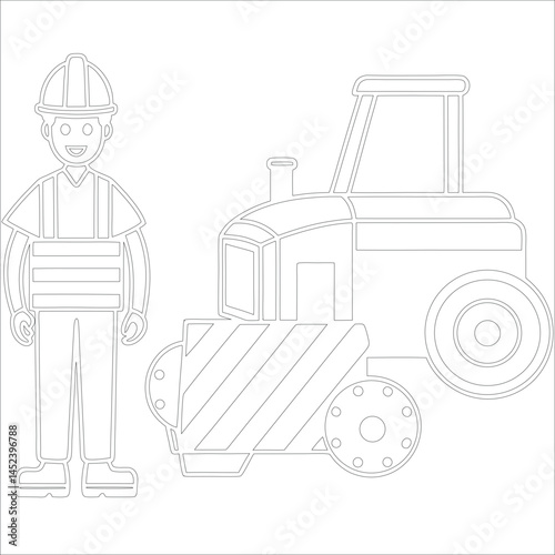 Female Asphalt Paver Operator Engineer in Hard Hat at Industrial Highway Construction Site Roadwork, Safety, Machinery, and Team Collaboration Line Art