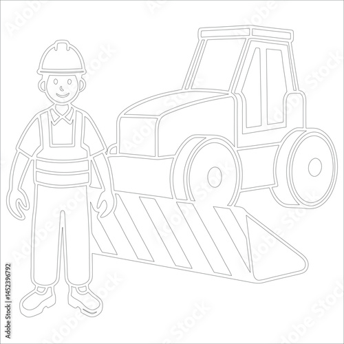 Female Asphalt Paver Operator Engineer in Hard Hat at Industrial Highway Construction Site Roadwork, Safety, Machinery, and Team Collaboration Line Art