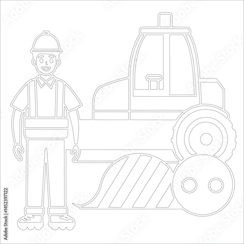 Female Asphalt Paver Operator Engineer in Hard Hat at Industrial Highway Construction Site Roadwork, Safety, Machinery, and Team Collaboration Line Art