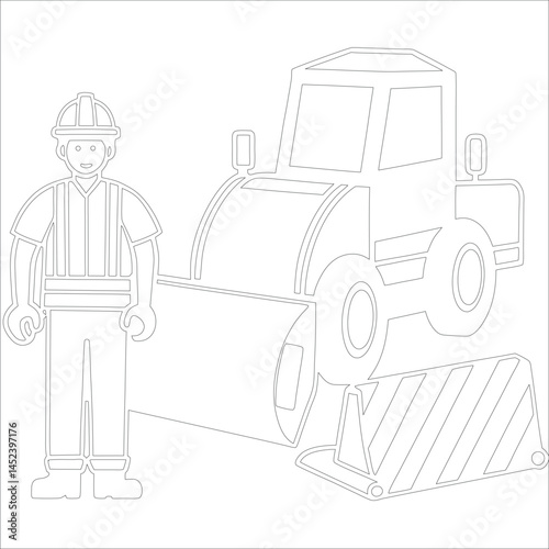 Female Asphalt Paver Operator Engineer in Hard Hat at Industrial Highway Construction Site Roadwork, Safety, Machinery, and Team Collaboration Line Art