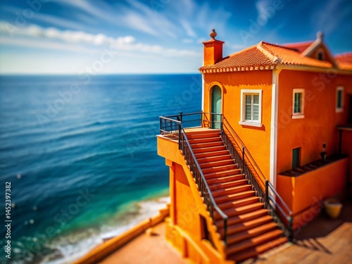Tilt-Shift Ocean View: Orange Staircase to Building - Stock Photo