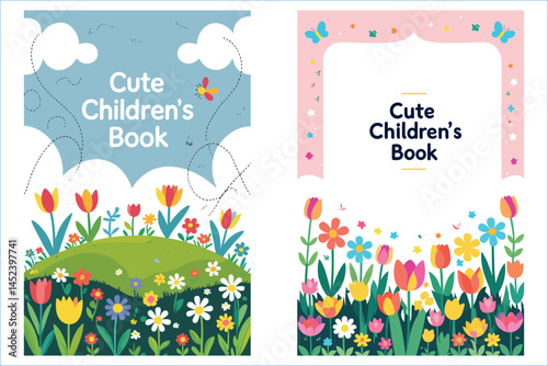 Cute Childrens Book Cover Designs With Floral Border Illustrations Set