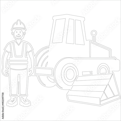 Female Asphalt Paver Operator Engineer in Hard Hat at Industrial Highway Construction Site Roadwork, Safety, Machinery, and Team Collaboration Line Art
