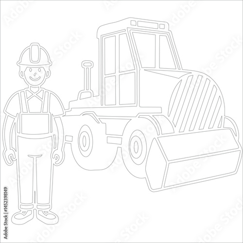 Female Asphalt Paver Operator Engineer in Hard Hat at Industrial Highway Construction Site Roadwork, Safety, Machinery, and Team Collaboration Line Art