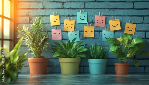 Obraz na płótnie Playful indoor scene of potted plants with animated faces w salonie