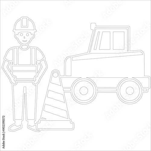 Female Asphalt Paver Operator Engineer in Hard Hat at Industrial Highway Construction Site Roadwork, Safety, Machinery, and Team Collaboration Line Art