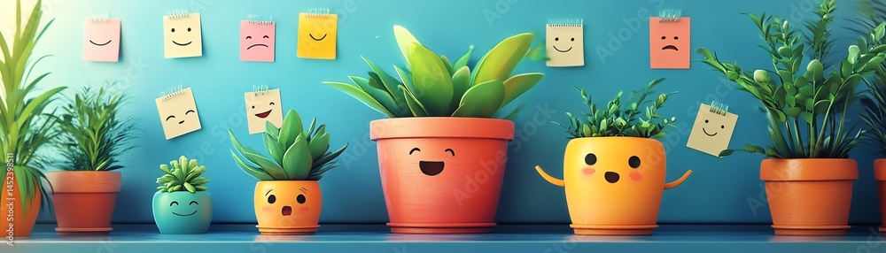 Cute potted plants with happy faces. Home decor.