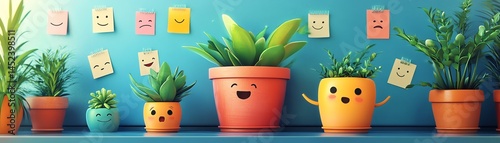 Obraz na płótnie Cute potted plants with happy faces. Home decor. w salonie