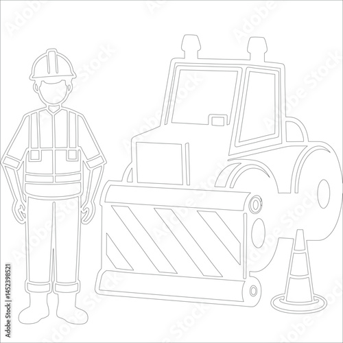 Female Asphalt Paver Operator Engineer in Hard Hat at Industrial Highway Construction Site Roadwork, Safety, Machinery, and Team Collaboration Line Art