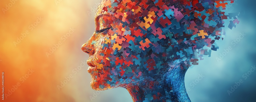 Abstract art of a woman's face, puzzle pieces forming colorful hair.