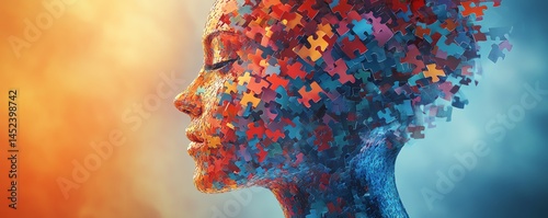 Obraz na płótnie Abstract art of a woman's face, puzzle pieces forming colorful hair. w salonie