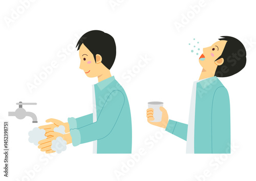 うがいと手洗いをする横向きの男性のイラスト_修正版