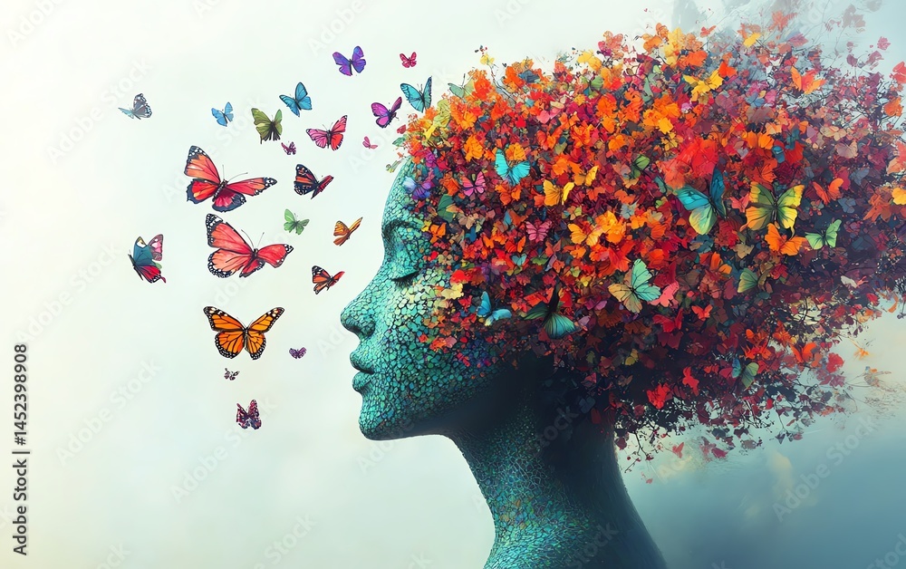 Tree growing from a human head with colorful flowers and butterflies, representing selfcare and creativity, generative AIassisted artwork, vibrant tones, emotional depth, HD