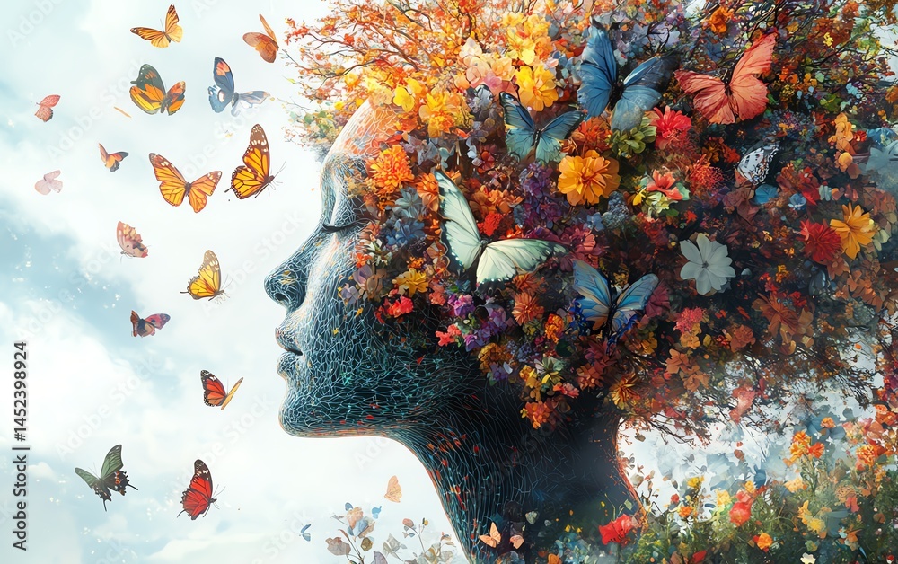 Tree growing from a human head with colorful flowers and butterflies, representing selfcare and creativity, generative AIassisted artwork, vibrant tones, emotional depth, HD