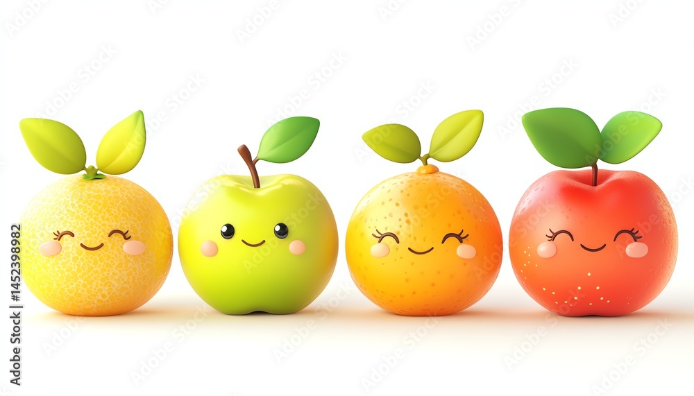 Cute cartoon fruits: lemon, apple, orange, & red apple.