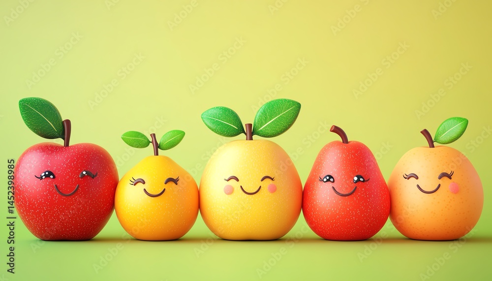Cute cartoon fruits: apple, lemon, pear. Healthy eating concept.