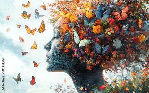 Obraz na płótnie Tree growing from a human head with colorful flowers and butterflies, representing selfcare and creativity, generative AIassisted artwork, vibrant tones, emotional depth, HD w salonie