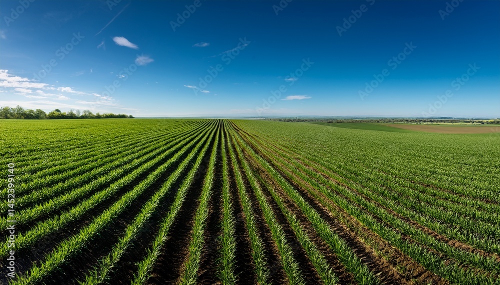 vibrant green farm field with rows of crops under a clear blue sky vibrant green farm field with rows of crops under a clear blue sky
