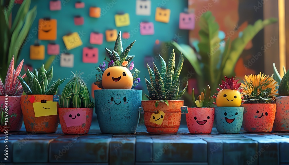 Cheerful succulents in happy face pots. Colorful home decor.