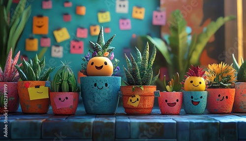 Cheerful succulents in happy face pots. Colorful home decor.