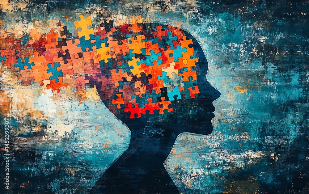 Abstract art depicting a head filled with colorful puzzle pieces, symbolizing the complexity of the mind.