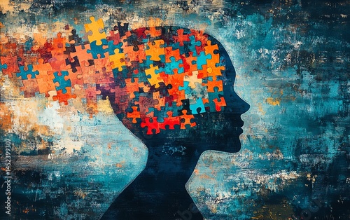 Obraz na płótnie Abstract art depicting a head filled with colorful puzzle pieces, symbolizing the complexity of the mind. w salonie