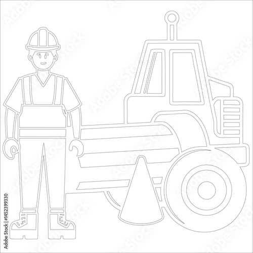 Female Asphalt Paver Operator Engineer in Hard Hat at Industrial Highway Construction Site Roadwork, Safety, Machinery, and Team Collaboration Line Art