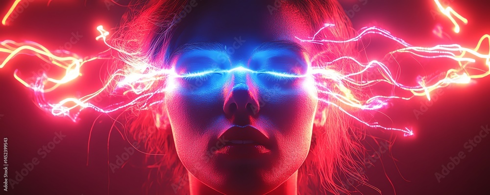 Glowing neon visualization of cognitive dissonance, person overwhelmed by flashing choices and arrows, inner struggle during decisions, conceptual AIpowered illustration, 8K
