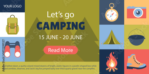 Camping. Social Media Cover Template, Flat Style Poster.