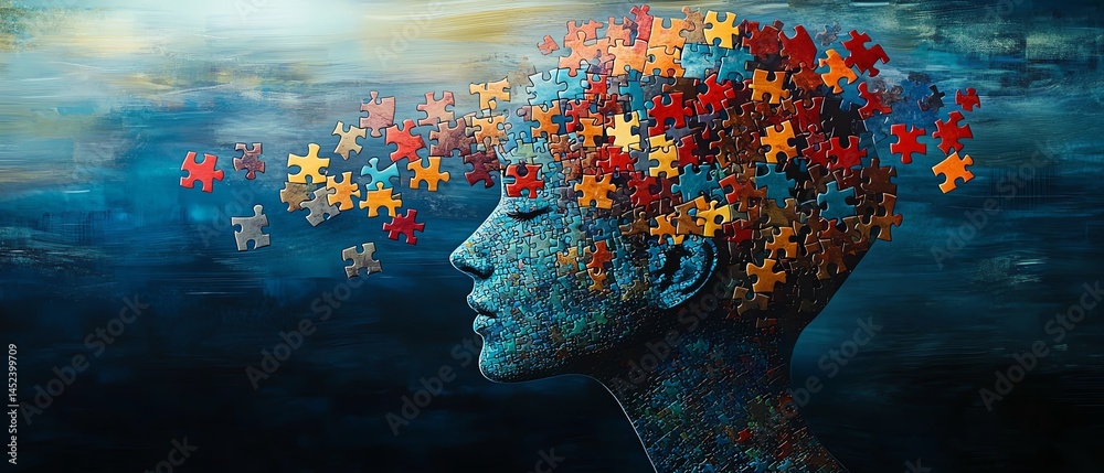 Abstract art: Colorful puzzle pieces form a woman's head, symbolizing mind, thoughts, and identity.
