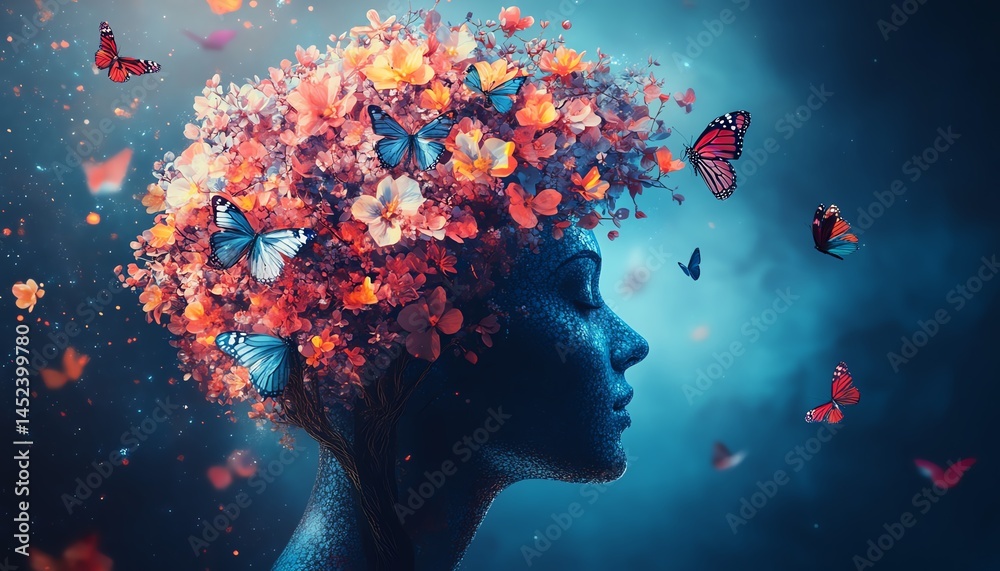 Human mind illustrated as a tree with flowers and butterflies blooming from it