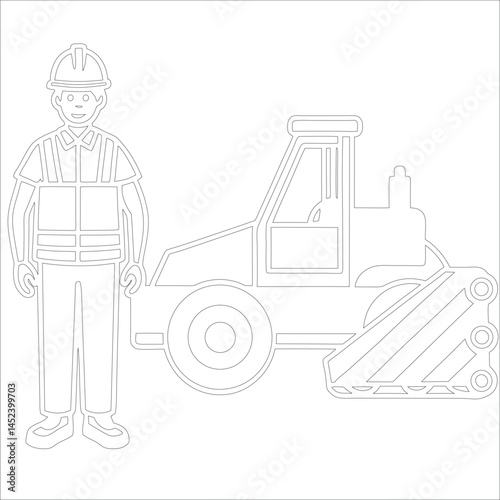 Female Asphalt Paver Operator Engineer in Hard Hat at Industrial Highway Construction Site Roadwork, Safety, Machinery, and Team Collaboration Line Art