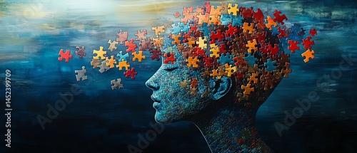 Obraz na płótnie Abstract art: Colorful puzzle pieces form a woman's head, symbolizing mind, thoughts, and identity. w salonie