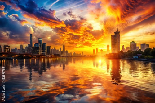 Urban Skyline Sunset River Double Exposure Stock Photo