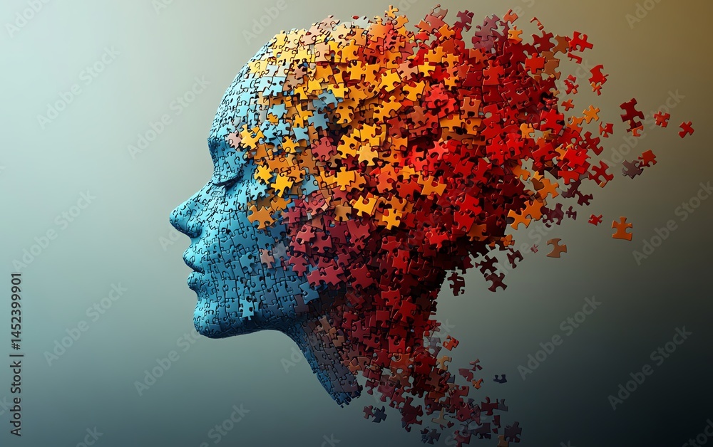 Jigsaw puzzle pieces forming a human head shape, visualizing cognitive therapy, memory processing, and logical thinking, digital abstract mental health illustration, ultradetailed