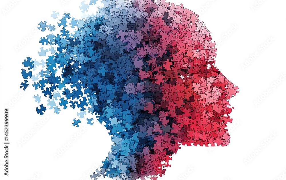 Jigsaw puzzle pieces forming a human head shape, visualizing cognitive therapy, memory processing, and logical thinking, digital abstract mental health illustration, ultradetailed