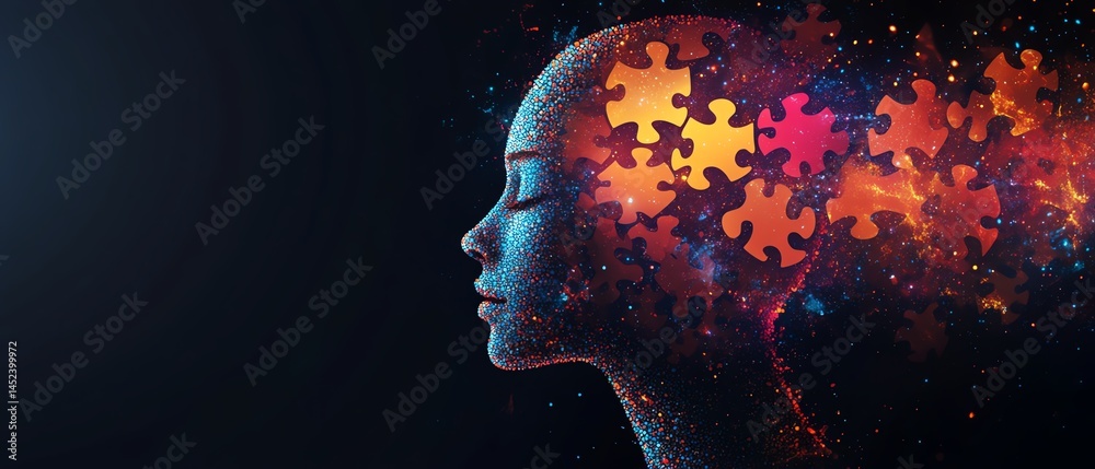 Mindful thinking visual with puzzle head silhouette, creative memory and brain strategy concept, digital generative AI illustration, soft gradients, conceptual wellness art