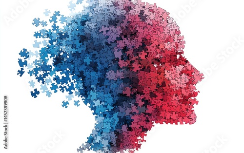 Obraz na płótnie Jigsaw puzzle pieces forming a human head shape, visualizing cognitive therapy, memory processing, and logical thinking, digital abstract mental health illustration, ultradetailed w salonie