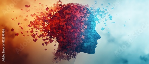 Obraz na płótnie Mindful thinking visual with puzzle head silhouette, creative memory and brain strategy concept, digital generative AI illustration, soft gradients, conceptual wellness art w salonie
