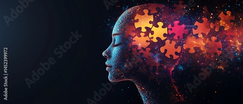 Obraz na płótnie Mindful thinking visual with puzzle head silhouette, creative memory and brain strategy concept, digital generative AI illustration, soft gradients, conceptual wellness art w salonie