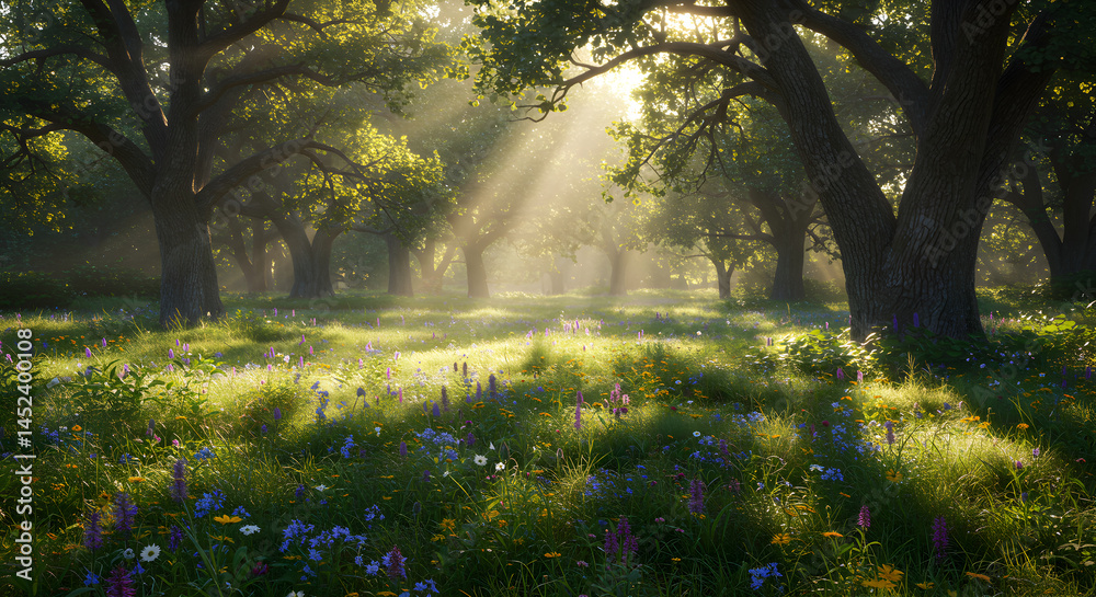 Sunlit Meadow Landscape With Blossoms And Ancient Oak Trees Sunlit Meadow Landscape With Blossoms And Ancient Oak Trees