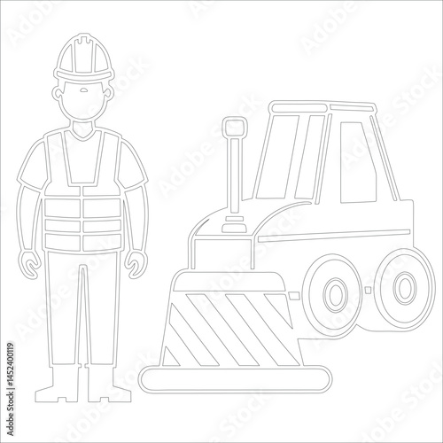 Female Asphalt Paver Operator Engineer in Hard Hat at Industrial Highway Construction Site Roadwork, Safety, Machinery, and Team Collaboration Line Art