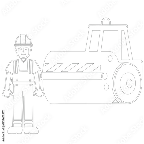 Female Asphalt Paver Operator Engineer in Hard Hat at Industrial Highway Construction Site Roadwork, Safety, Machinery, and Team Collaboration Line Art