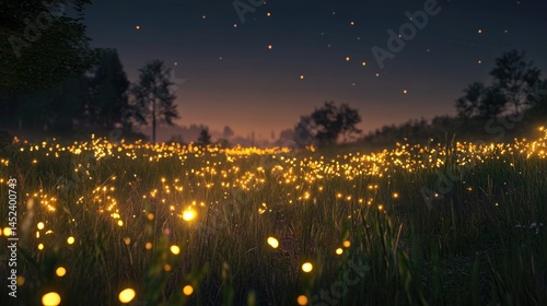 A photorealistic nighttime scene of a quiet grassland filled with thousands of real fireflies glowing naturally among tall wild grasses photo