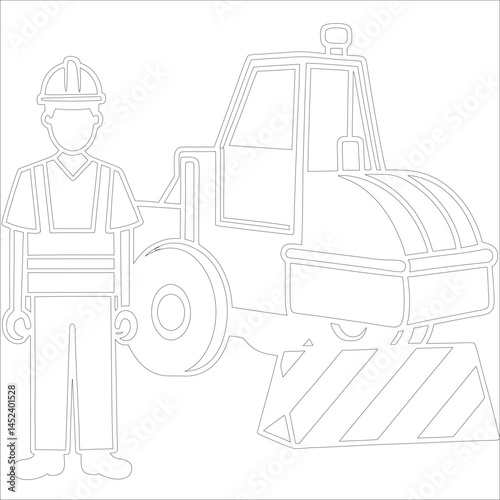 Female Asphalt Paver Operator Engineer in Hard Hat at Industrial Highway Construction Site Roadwork, Safety, Machinery, and Team Collaboration Line Art