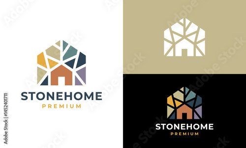 Stone home logo design. House building Vector design with colorful abstract stones graphic icon symbol