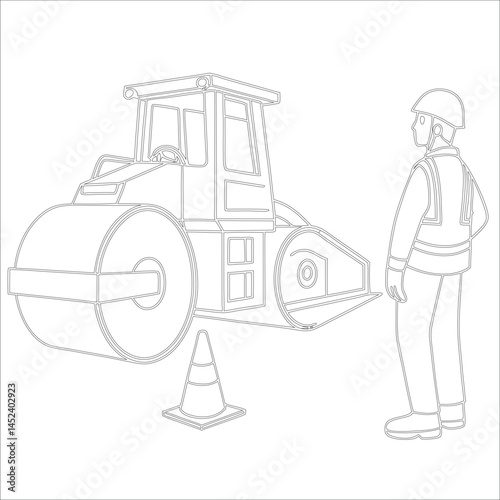 Female Asphalt Paver Operator Engineer in Hard Hat at Industrial Highway Construction Site Roadwork, Safety, Machinery, and Team Collaboration Line Art