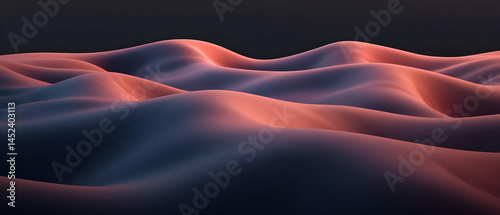 Abstract wavy landscape with soft, shifting colors.  Gentle undulating forms create a sense of motion and depth.  Muted tones of dusky pink and deep blue blend seamlessly